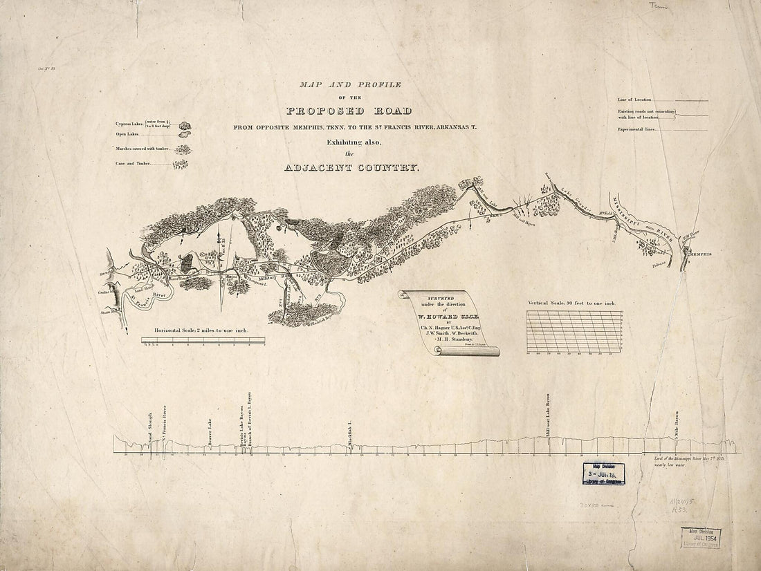 This old map of Map and Profile of the Proposed Road from Opposite Memphis, Tennessee to the St. Francis River, Arkansas T. : Exhibiting Also, the Adjacent Country from 1833 was created by W. Beckwith, Charles N. Hagner, W. (William) Howard, John W. A. S