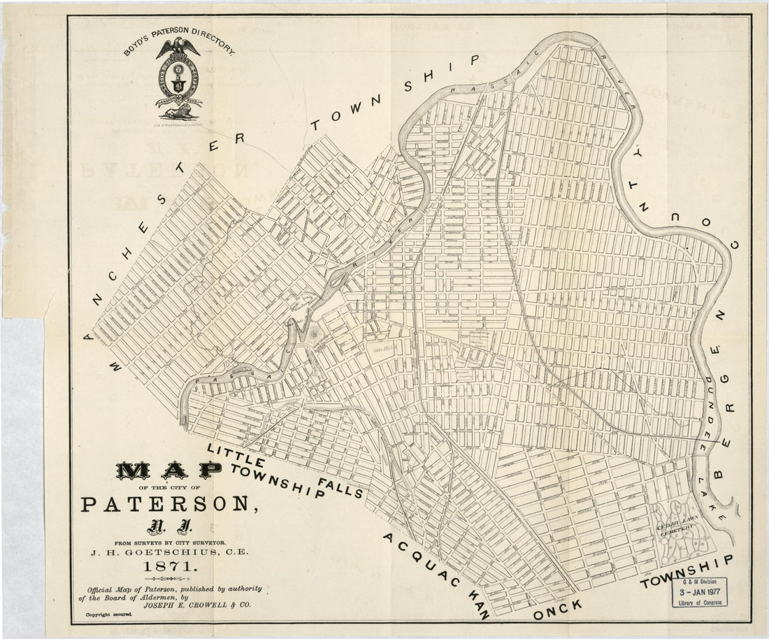 This old map of Map of the City of Paterson, New Jersey from 1871 was created by J. H. Goetschius in 1871