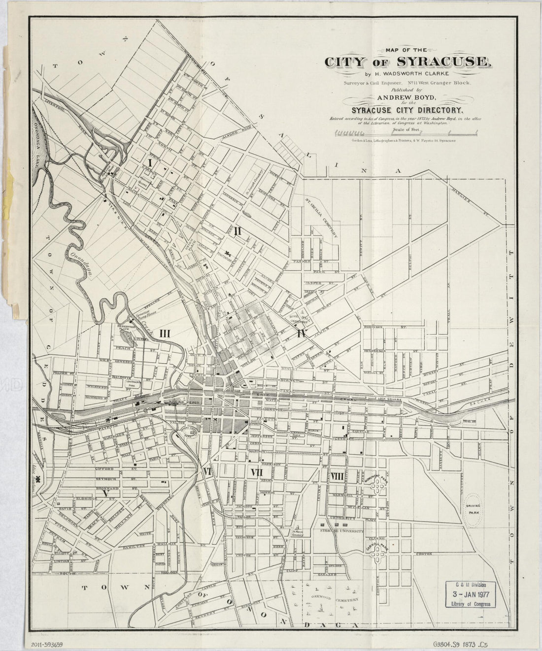 This old map of Map of the City of Syracuse from 1873 was created by H. Wadsworth Clarke in 1873