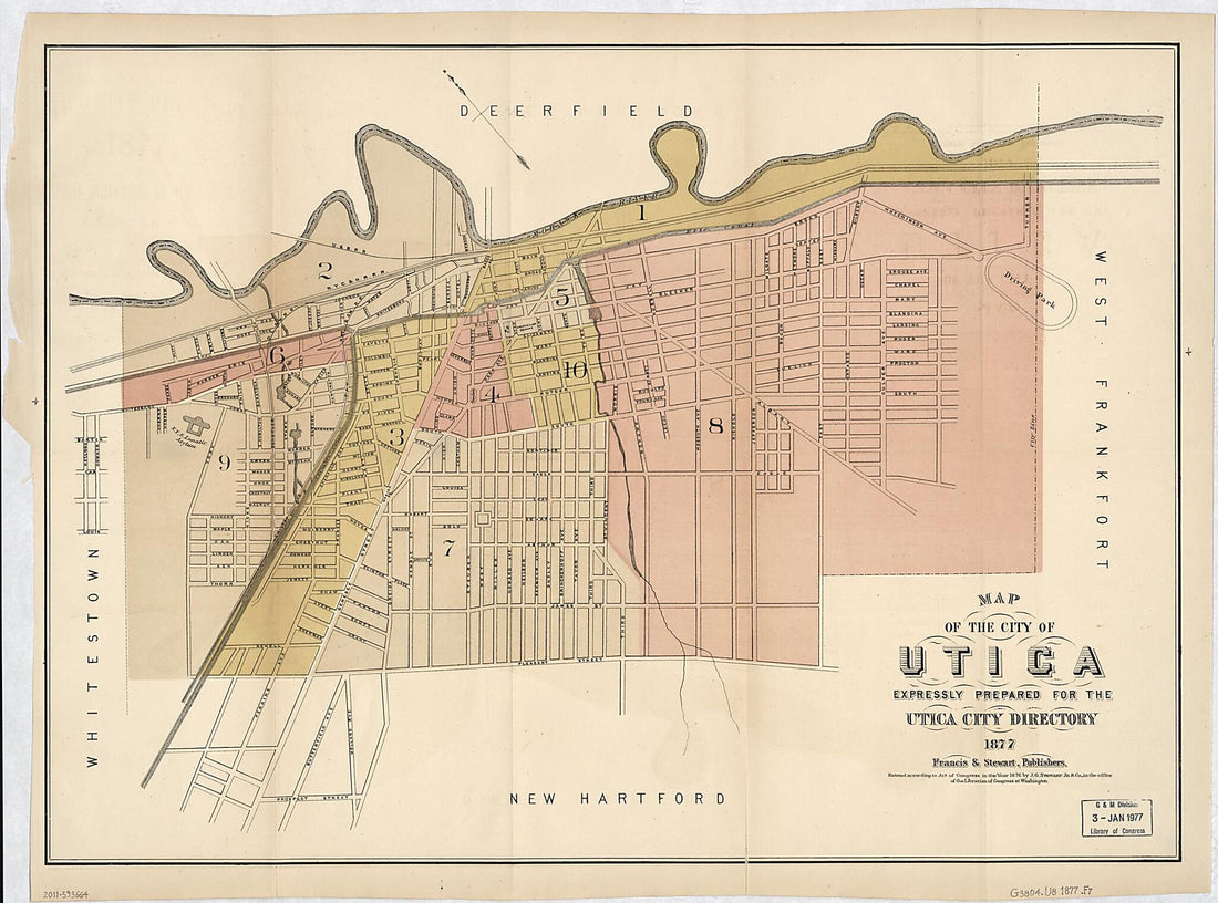 This old map of Map of the City of Utica from 1877 was created by  Francis &amp; Stewart,  J.G. Stewart Jr. &amp; Co in 1877