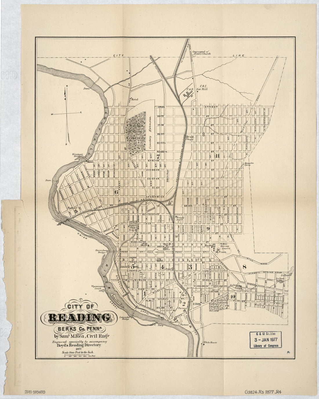 This old map of City of Reading, Berks Co. Penna from 1877 was created by Samuel Rea in 1877