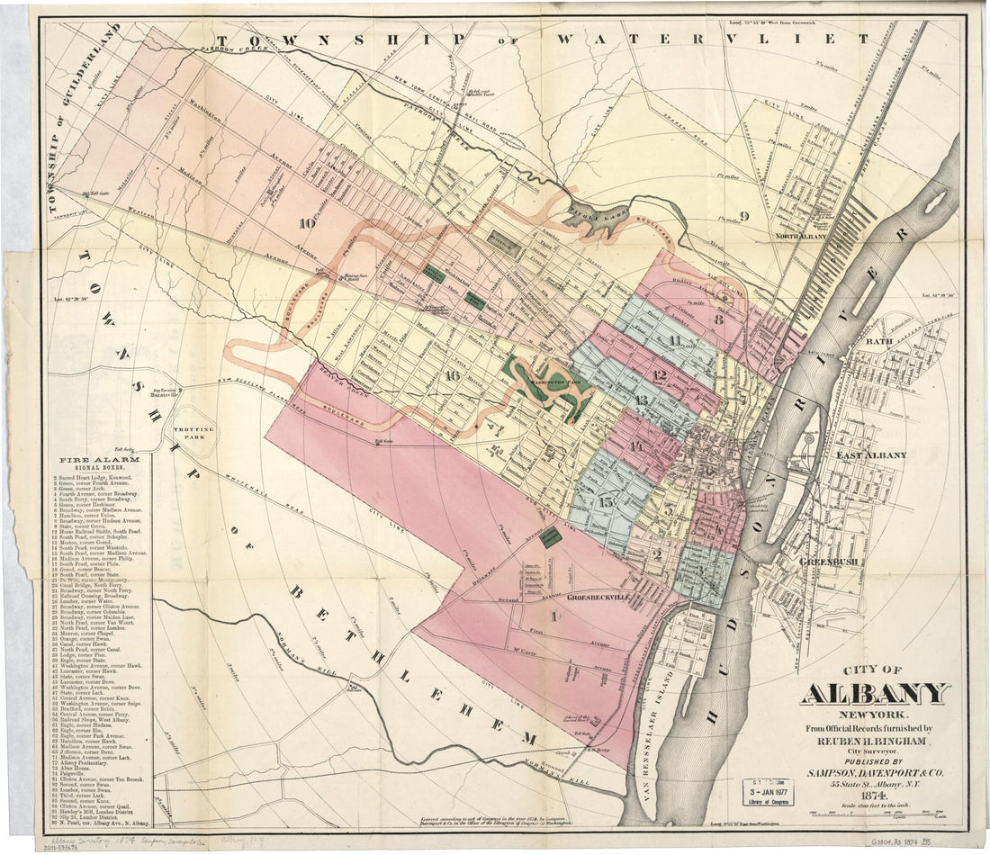 This old map of City of Albany, New York from 1874 was created by Reuben H. Bingham, Davenport &amp; Co Sampson in 1874