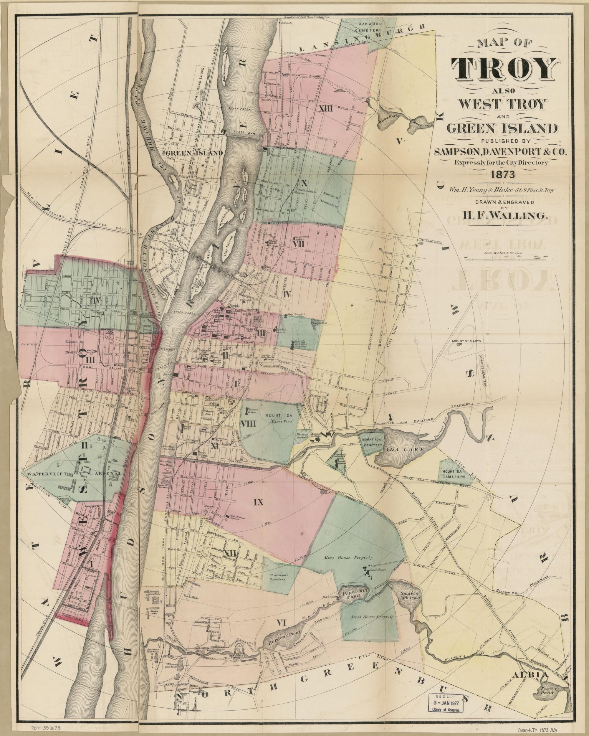 This old map of Map of Troy, Also West Troy, and Green Island from 1873 was created by Davenport &amp; Co Sampson, Henry Francis Walling in 1873