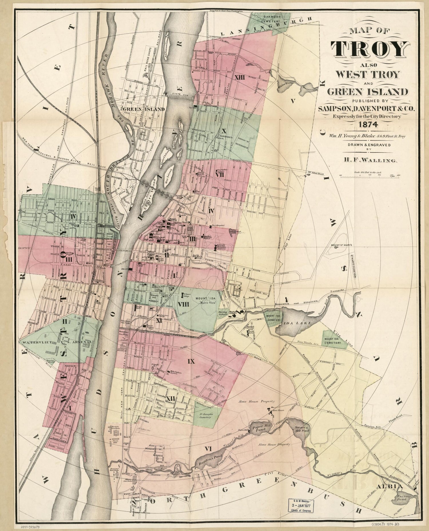 This old map of Map of Troy, Also West Troy, and Green Island from 1874 was created by Davenport &amp; Co Sampson, Henry Francis Walling in 1874