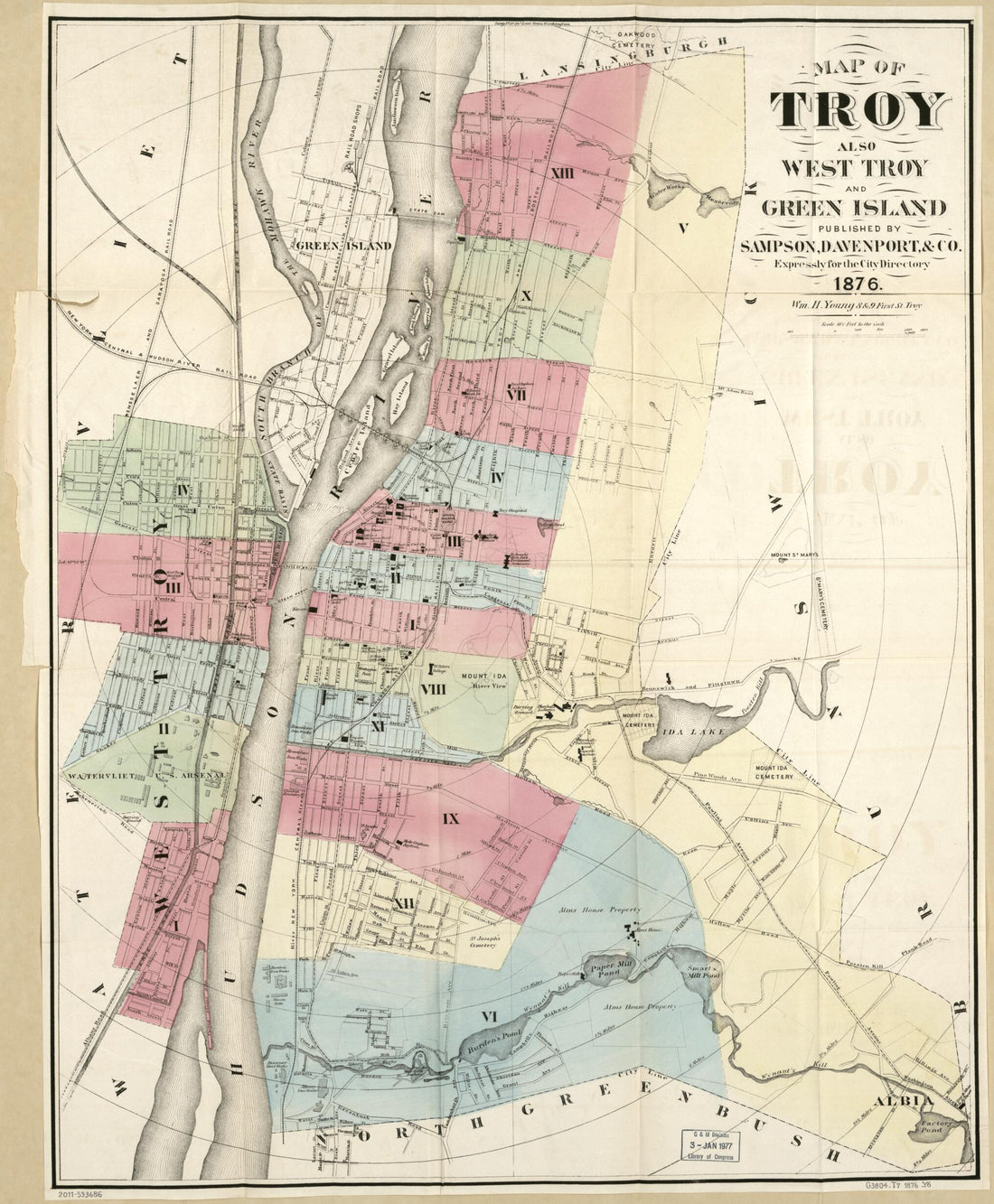 This old map of Map of Troy, Also West Troy, and Green Island from 1876 was created by Davenport &amp; Co Sampson, William H. Young in 1876