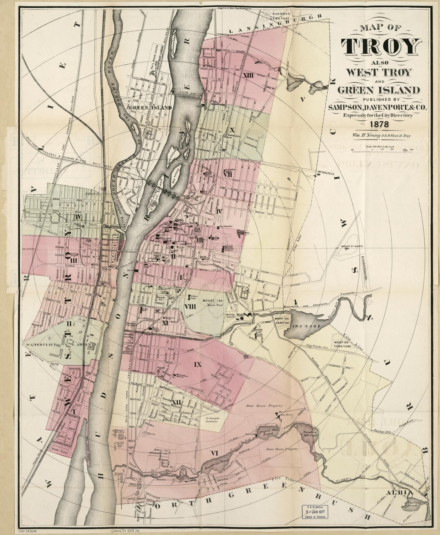 This old map of Map of Troy, Also West Troy, and Green Island from 1878 was created by Davenport &amp; Co Sampson, William H. Young in 1878