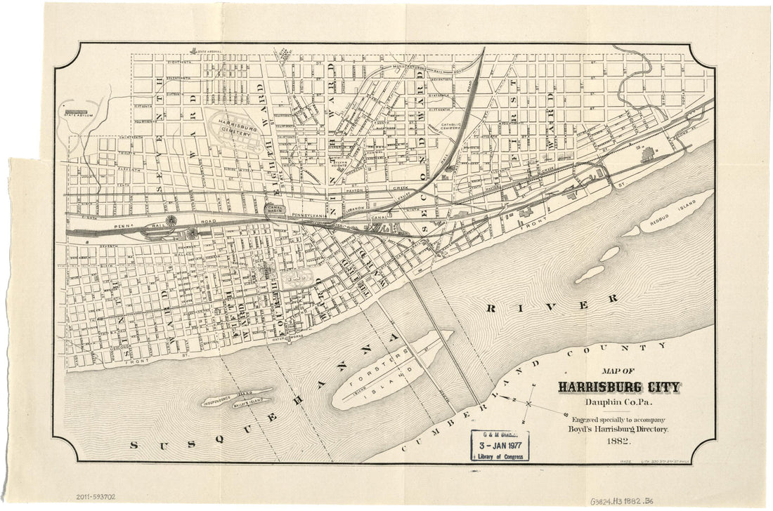 This old map of Map of Harrisburg City, Dauphin Co. Pennsylvania from 1882 was created by William Henry Boyd, Pa.) Wade &amp; Co. (Philadelphia in 1882