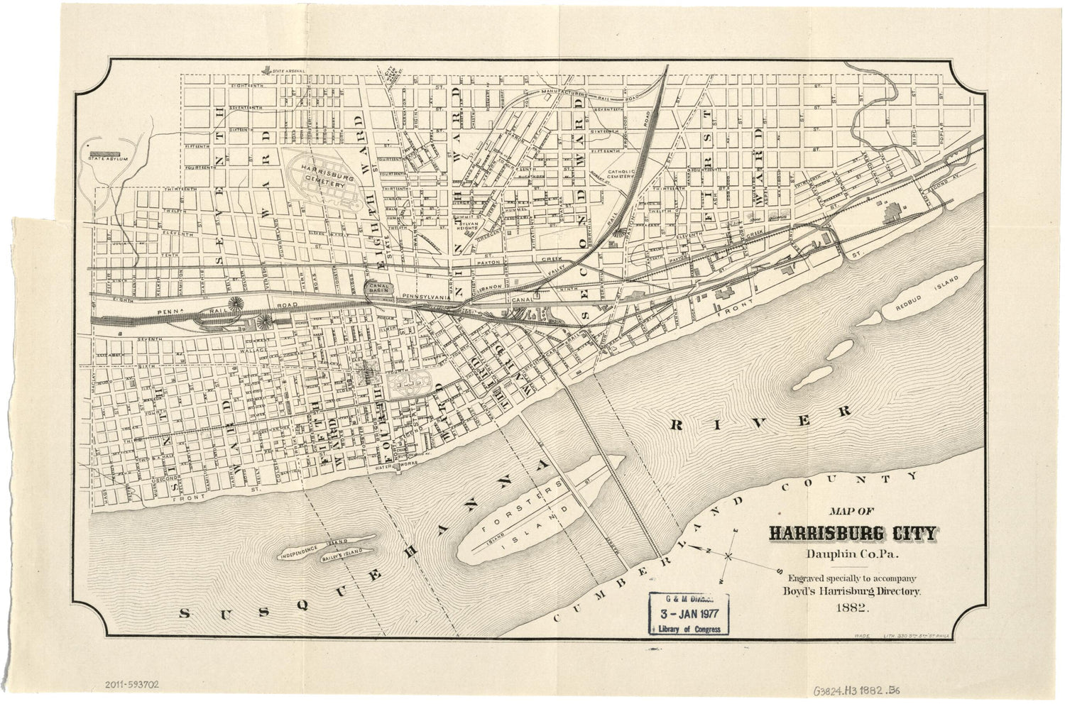 This old map of Map of Harrisburg City, Dauphin Co. Pennsylvania from 1882 was created by William Henry Boyd, Pa.) Wade &amp; Co. (Philadelphia in 1882