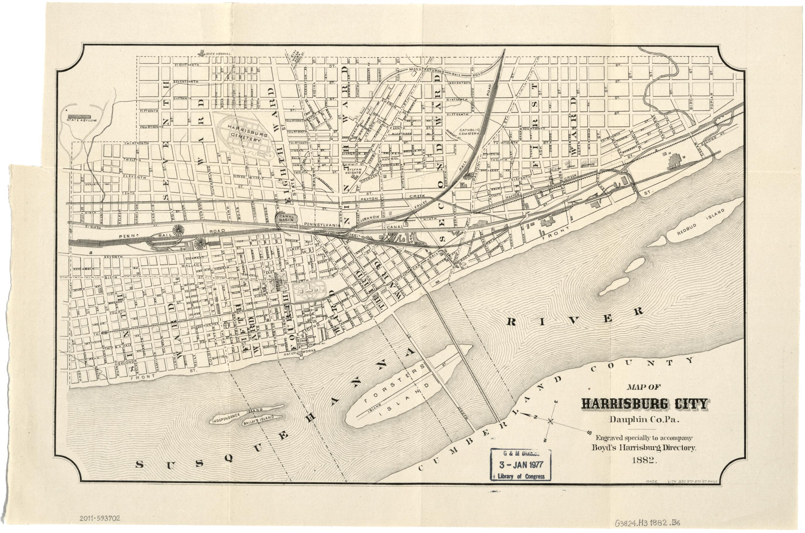 This old map of Map of Harrisburg City, Dauphin Co. Pennsylvania from 1882 was created by William Henry Boyd, Pa.) Wade &amp; Co. (Philadelphia in 1882