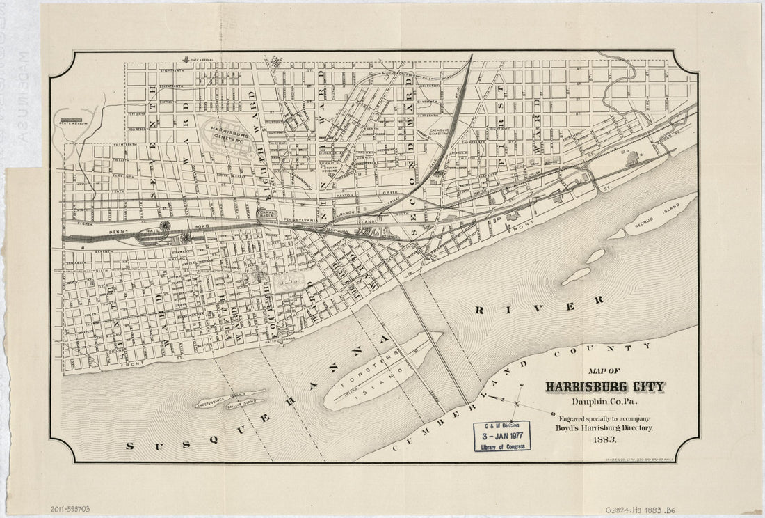 This old map of Map of Harrisburg City, Dauphin Co. Pennsylvania from 1883 was created by William Henry Boyd, Pa.) Wade &amp; Co. (Philadelphia in 1883