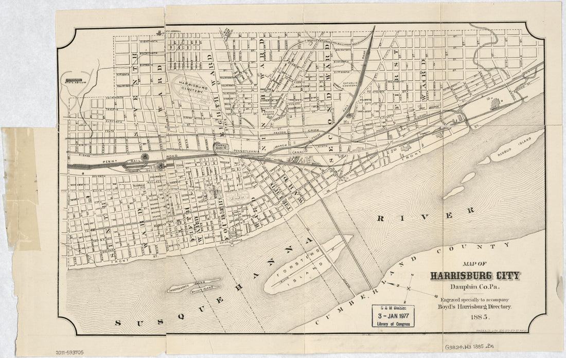 This old map of Map of Harrisburg City, Dauphin Co. Pennsylvania from 1885 was created by William Henry Boyd, Pa.) Wade &amp; Co. (Philadelphia in 1885