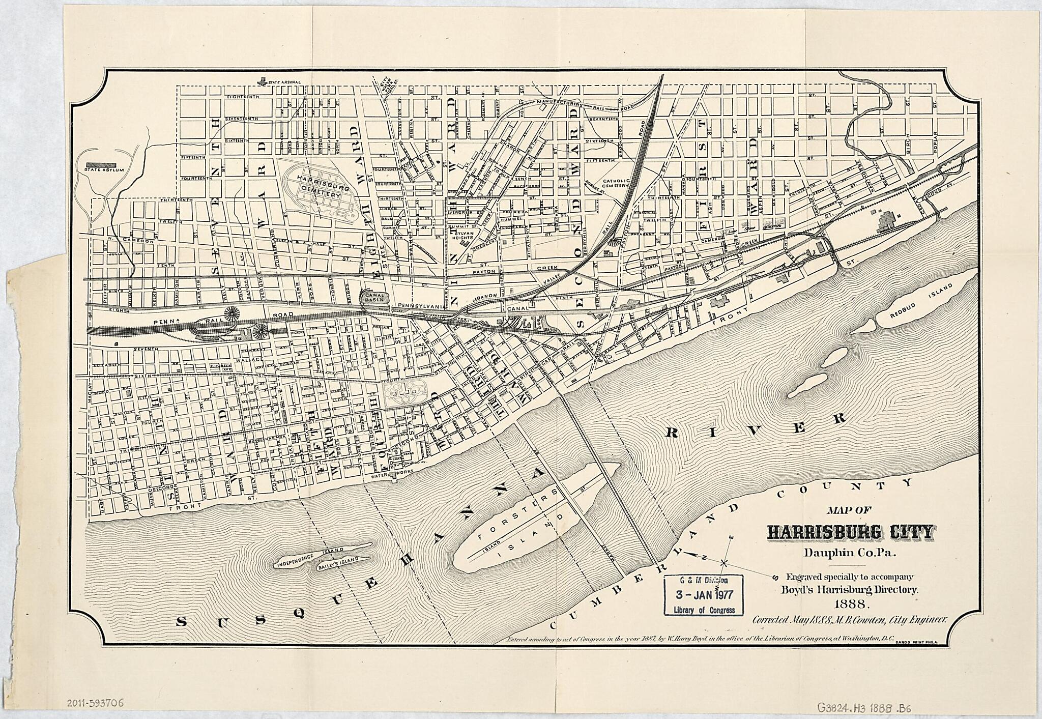 This old map of Map of Harrisburg City, Dauphin County Pennsylvania from 1888 was created by William Henry Boyd, M. B. Cowden,  Harrisburg (Pa.). City Engineer in 1888