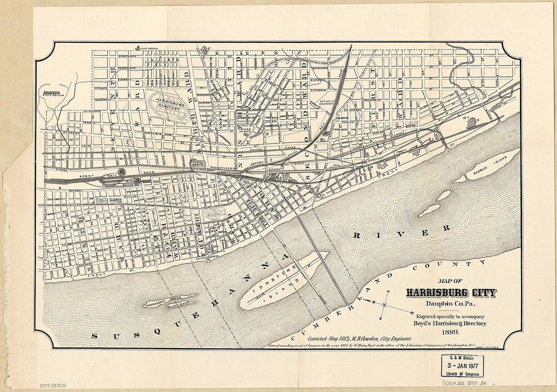 This old map of Map of Harrisburg City, Dauphin County Pennsylvania from 1889 was created by William Henry Boyd, M. B. Cowden,  Harrisburg (Pa.). City Engineer in 1889