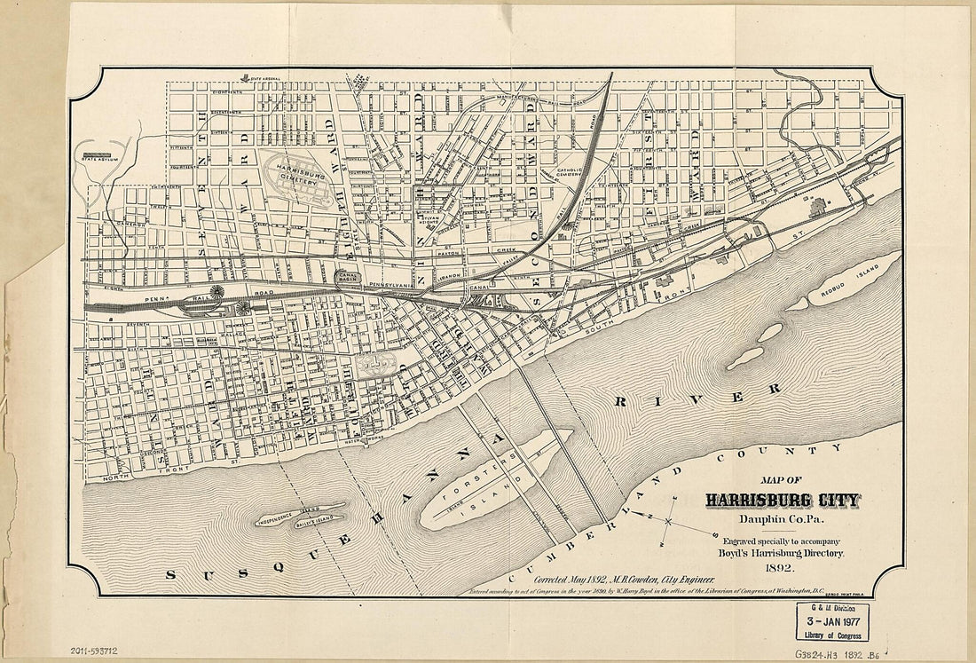 This old map of Map of Harrisburg City, Dauphin County Pennsylvania from 1892 was created by William Henry Boyd, M. B. Cowden,  Harrisburg (Pa.). City Engineer in 1892