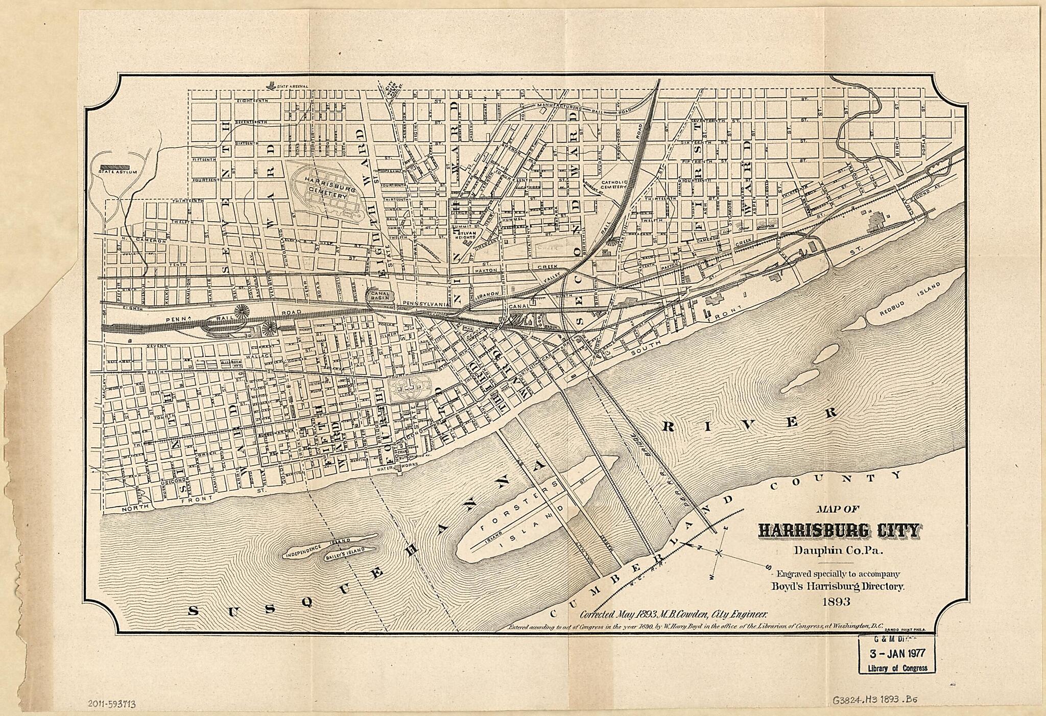 This old map of Map of Harrisburg City, Dauphin County Pennsylvania from 1893 was created by William Henry Boyd, M. B. Cowden,  Harrisburg (Pa.). City Engineer in 1893