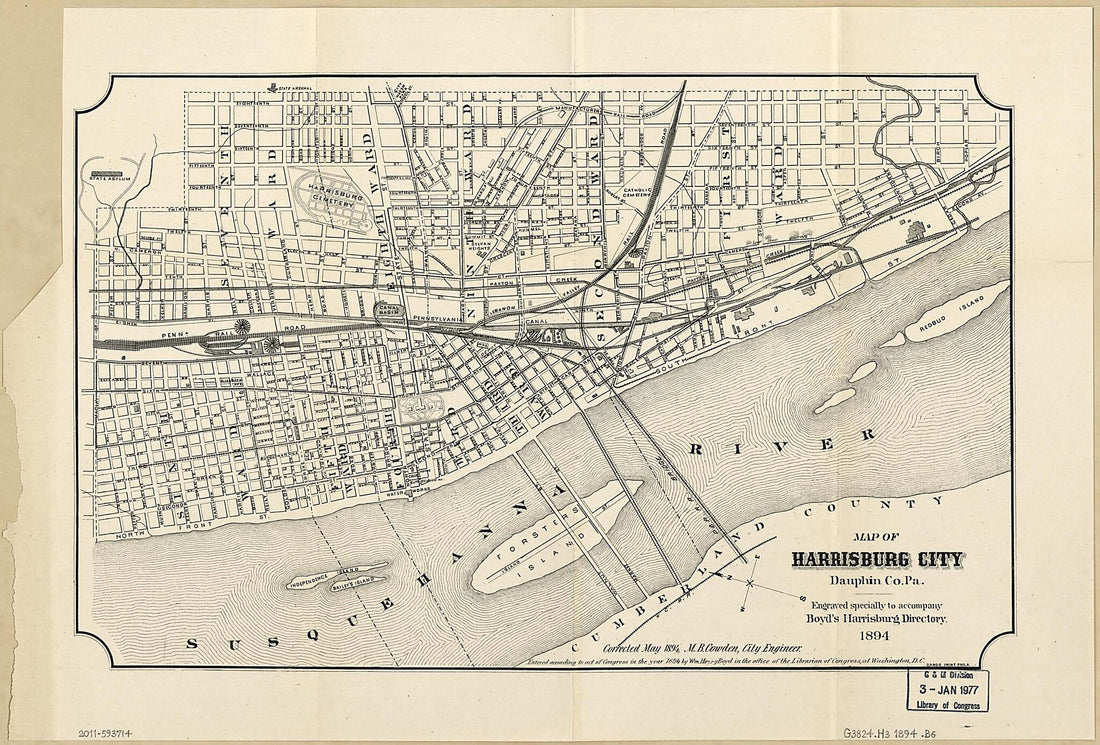 This old map of Map of Harrisburg City, Dauphin County Pennsylvania from 1894 was created by William Henry Boyd, M. B. Cowden,  Harrisburg (Pa.). City Engineer in 1894