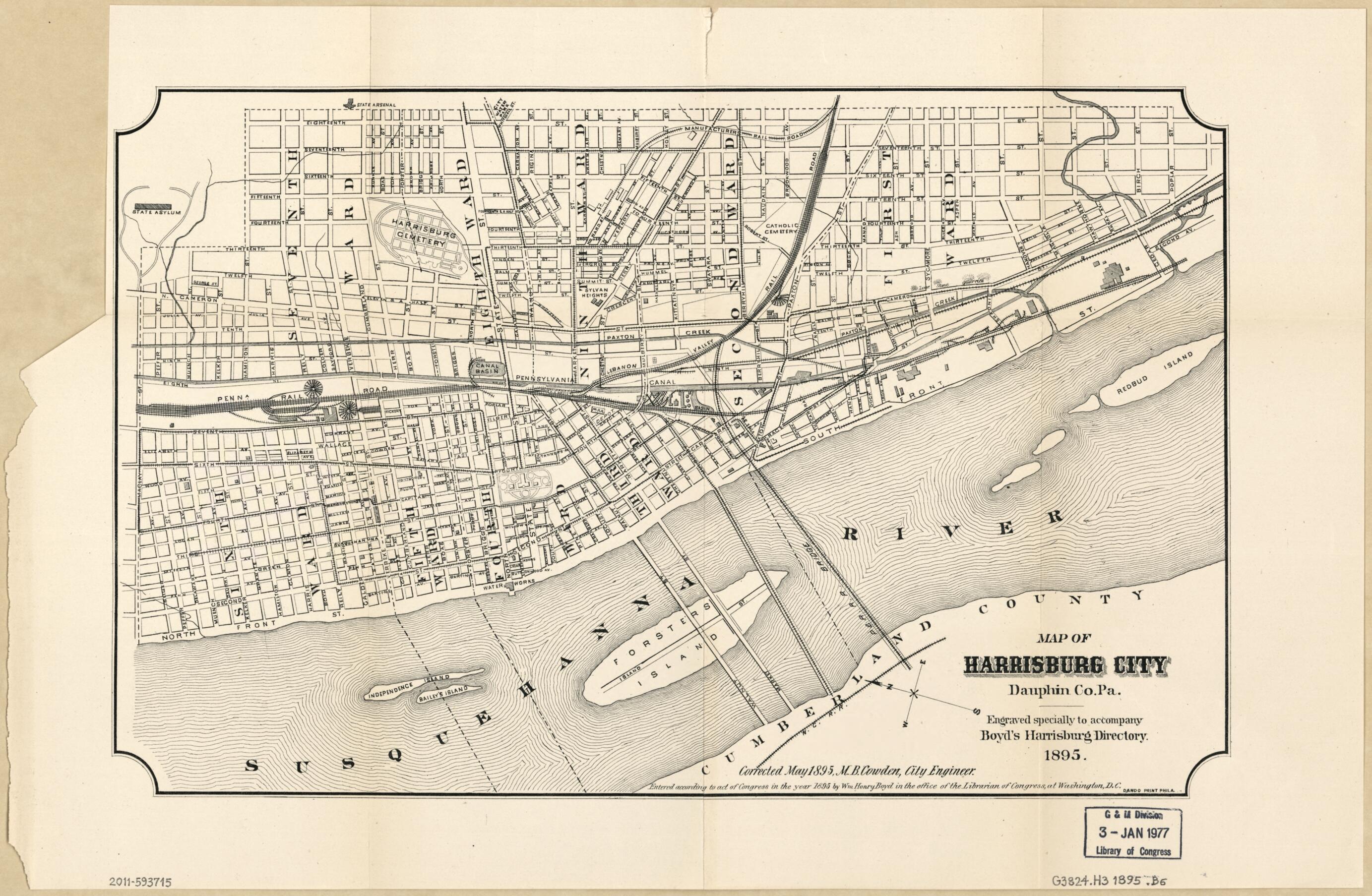 This old map of Map of Harrisburg City, Dauphin Co. Pennsylvania from 1895 was created by William Henry Boyd, M. B. Cowden,  Harrisburg (Pa.). City Engineer in 1895