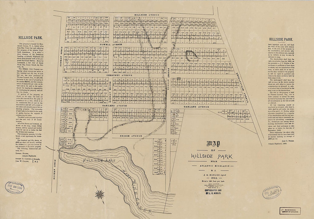 This old map of Map of Hillside Park Near Atlantic Highlands, New Jersey (Hillside Park) from 1882 was created by Geo Cooper, J. C. (John C.) Nobles in 1882