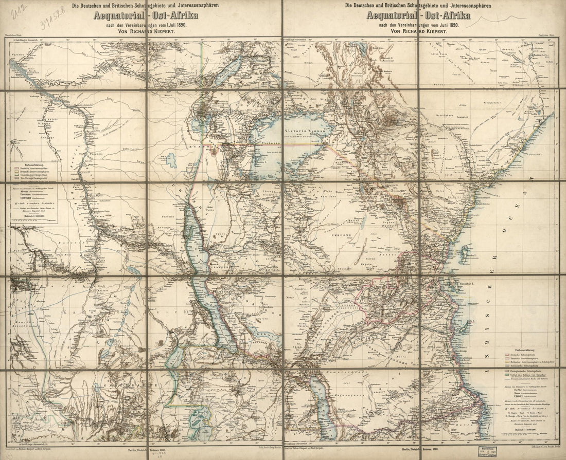 This old map of Ost-Afrika : Nach Den Vereinbarungen Vom Juni from 1890 was created by Germany) Dietrich Reimer Verlag (Berlin, Richard Kiepert, Leopold Kraatz, Paul Sprigade in 1890