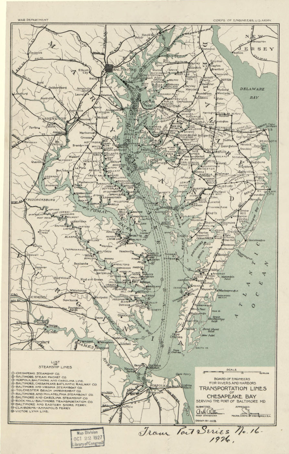 This old map of Transportation Lines of Chesapeake Bay Serving the Port of Baltimore MD from 1926 was created by Alfred H. (Alfred Hotchkiss) Ritter,  United States. Army. Corps of Engineers,  United States. Board of Engineers for Rivers and Harbors in 1