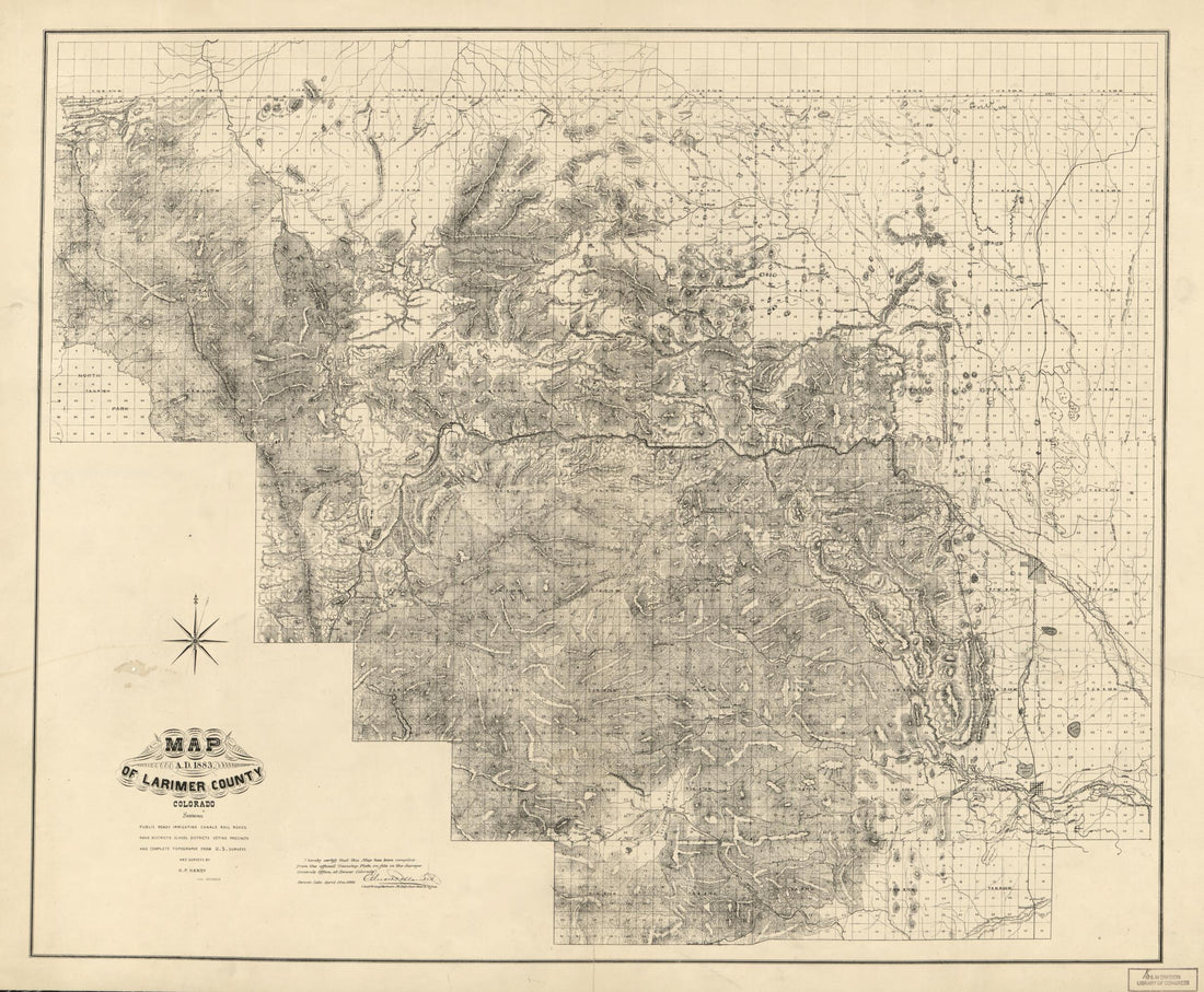 This old map of Map of Larimer County, Colorado : A.D. 1883 : Showing Public Roads, Irrigating Canals, Rail Roads, Road Districts, School Districts, Voting Precincts, and Complete Topography (Map A.D. 1883 of Larimer County, Colorado) from 1884 was creat