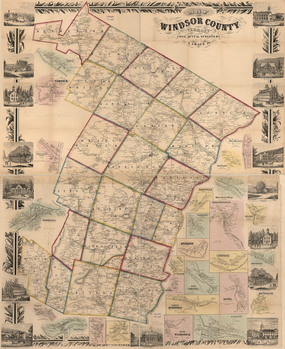 This old map of Map of Windsor County, Vermont from 1856 was created by J. Chace in 1856