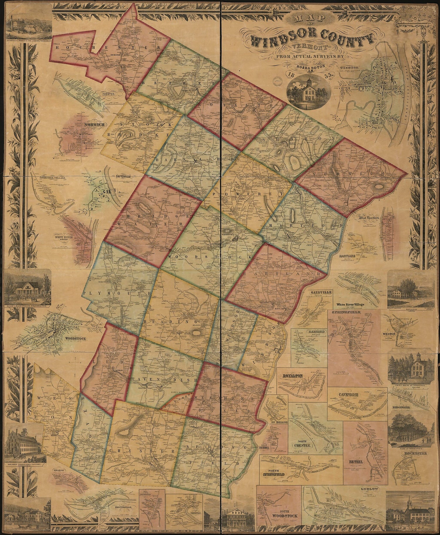 This old map of Map of Windsor County, Vermont from 1855 was created by Hosea Doton in 1855