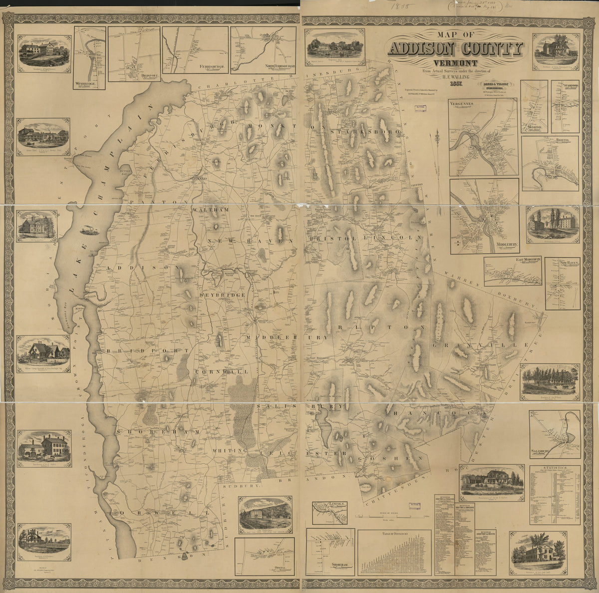 Map of Addison County, Vermont in 1857 by Relic Map Company