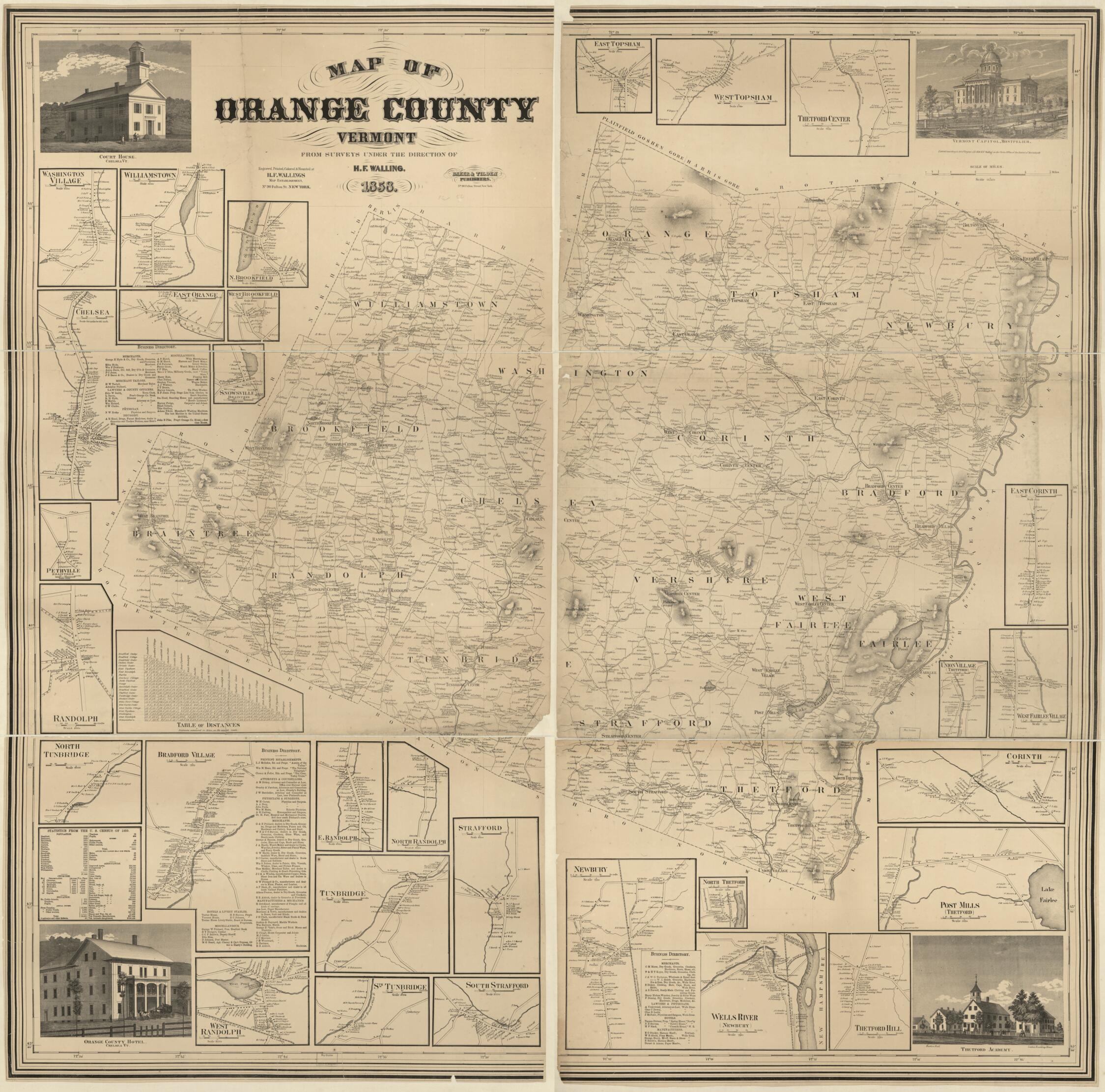 This old map of Map of Orange County, Vermont from 1858 was created by  Baker &amp; Tilden,  H.F. Walling&