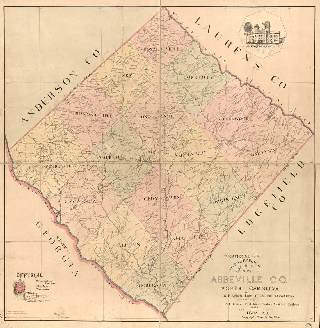 This old map of Official Topographical Map of Abbeville Co., South Carolina (Topographical Map of Abbeville County, South Carolina, Map of Abbeville County, South Carolina) from 1895 was created by W. P. (William P.) Bullock, Paul L. Grier in 1895