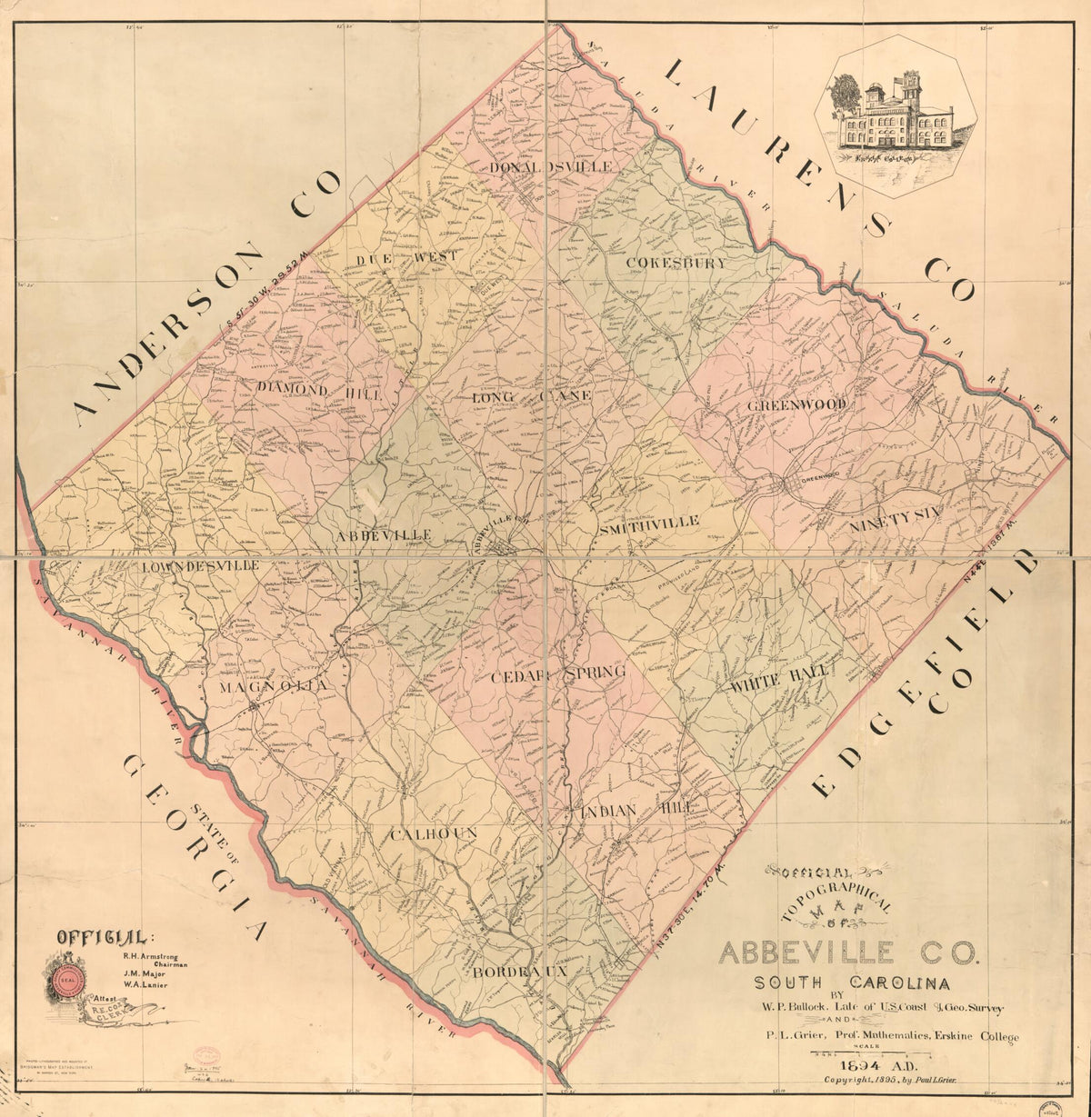 Official Topographical Map of Abbeville Co., South Carolina (Topographical Map of Abbeville County, South Carolina, Map of Abbeville County, South Carolina) 1895 by Relic Map Company