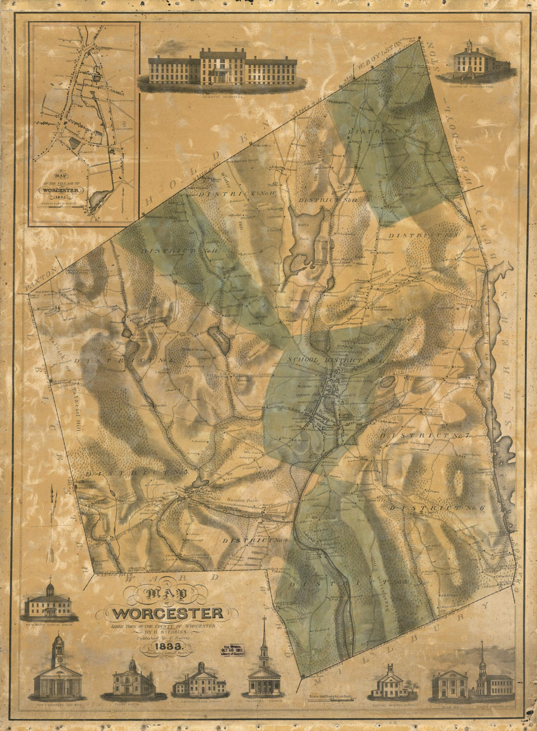 This old map of A Map of Worcester, Shire Town of the County of Worcester from 1833 was created by Clarendon Harris, Heman Stebbins in 1833