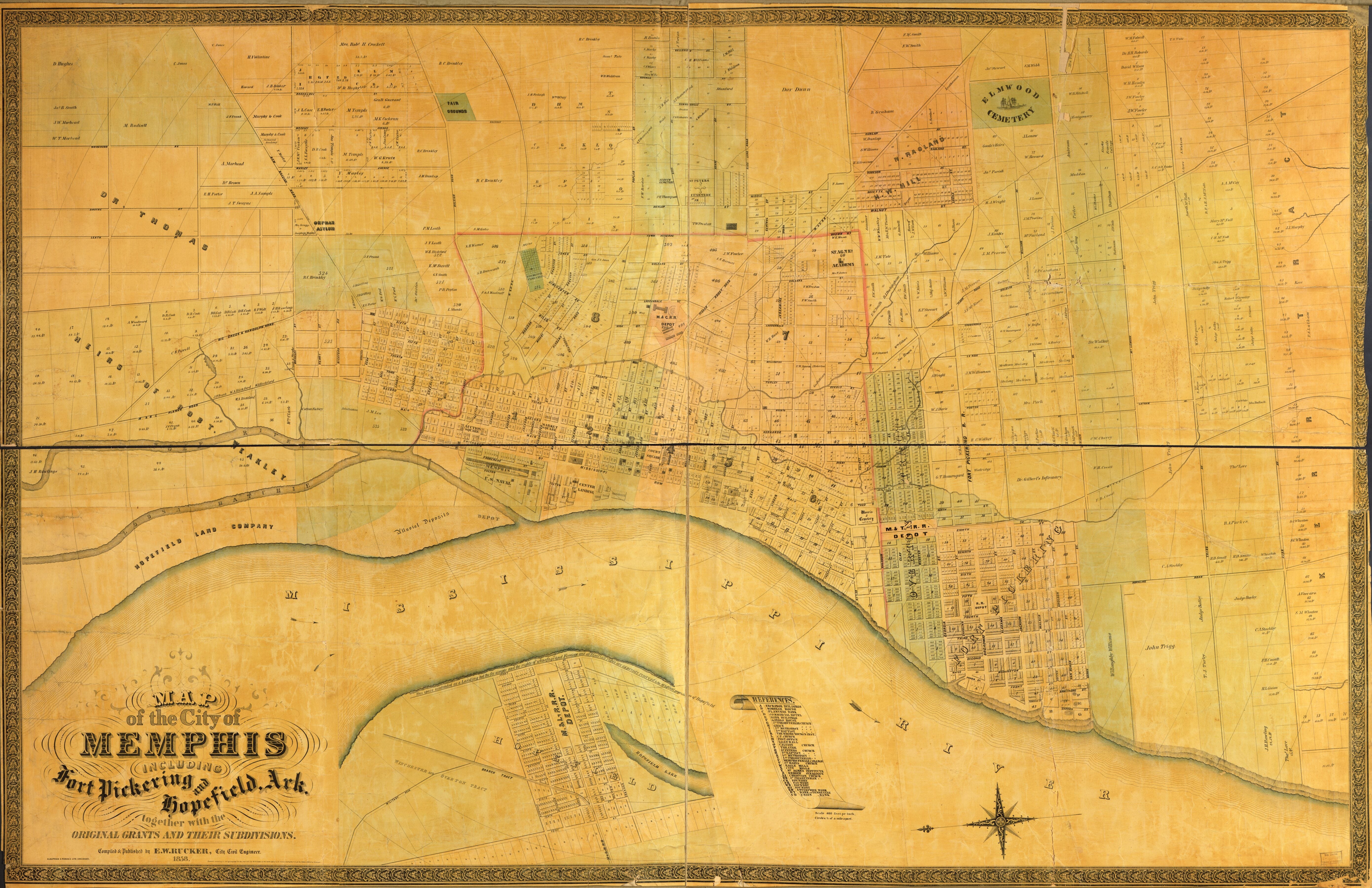 This old map of Map of the City of Memphis : Including Fort Pickering and Hopefield,Arkansas : Together With the Original Grants and Their Subdivisions from 1858 was created by  Klauprech &amp; Menzel, W. E. Rucker in 1858
