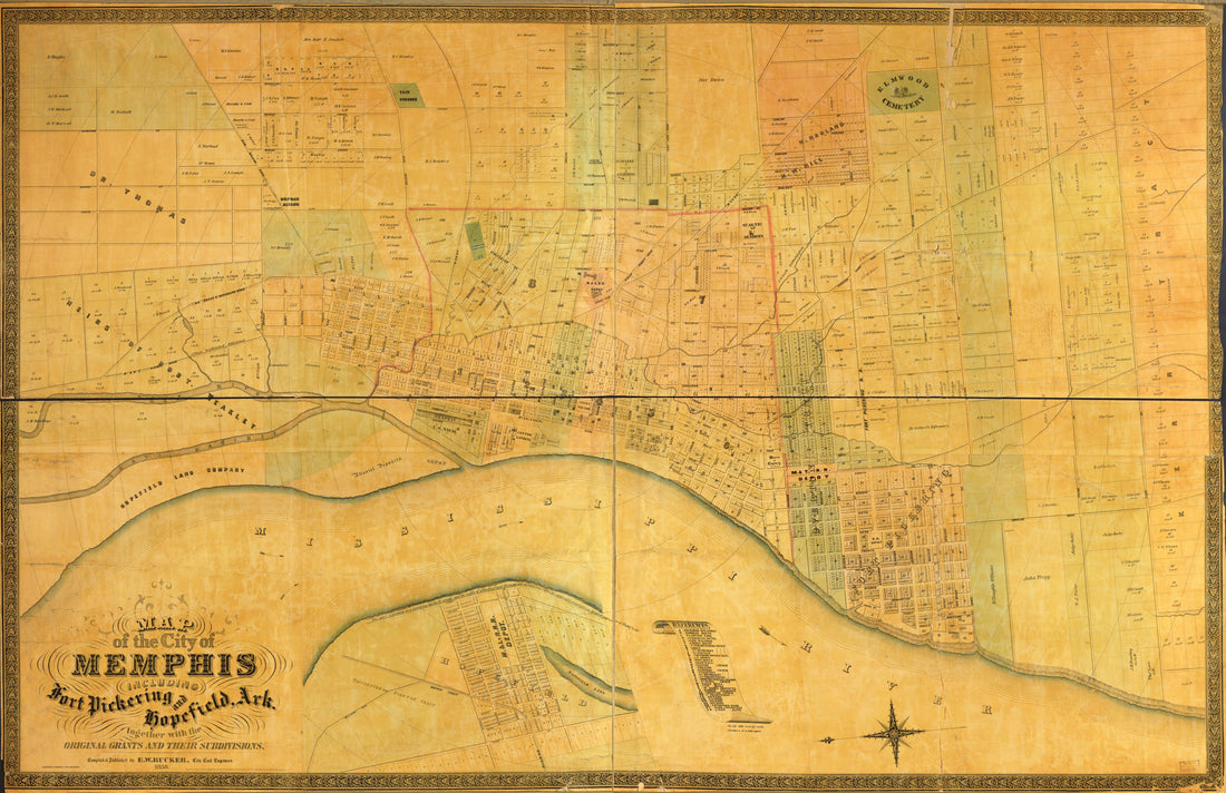 This old map of Map of the City of Memphis : Including Fort Pickering and Hopefield,Arkansas : Together With the Original Grants and Their Subdivisions from 1858 was created by  Klauprech &amp; Menzel, W. E. Rucker in 1858
