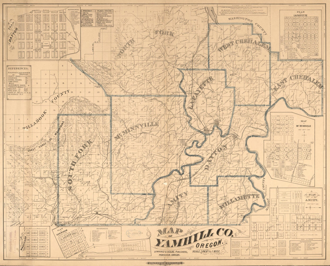 This old map of Map of Yamhill Co., Oregon. (Map of Yamhill County, Oregon) from 1879 was created by Publishers Lawrence &amp; Ogilbe,  M. Schmidt &amp; Co in 1879