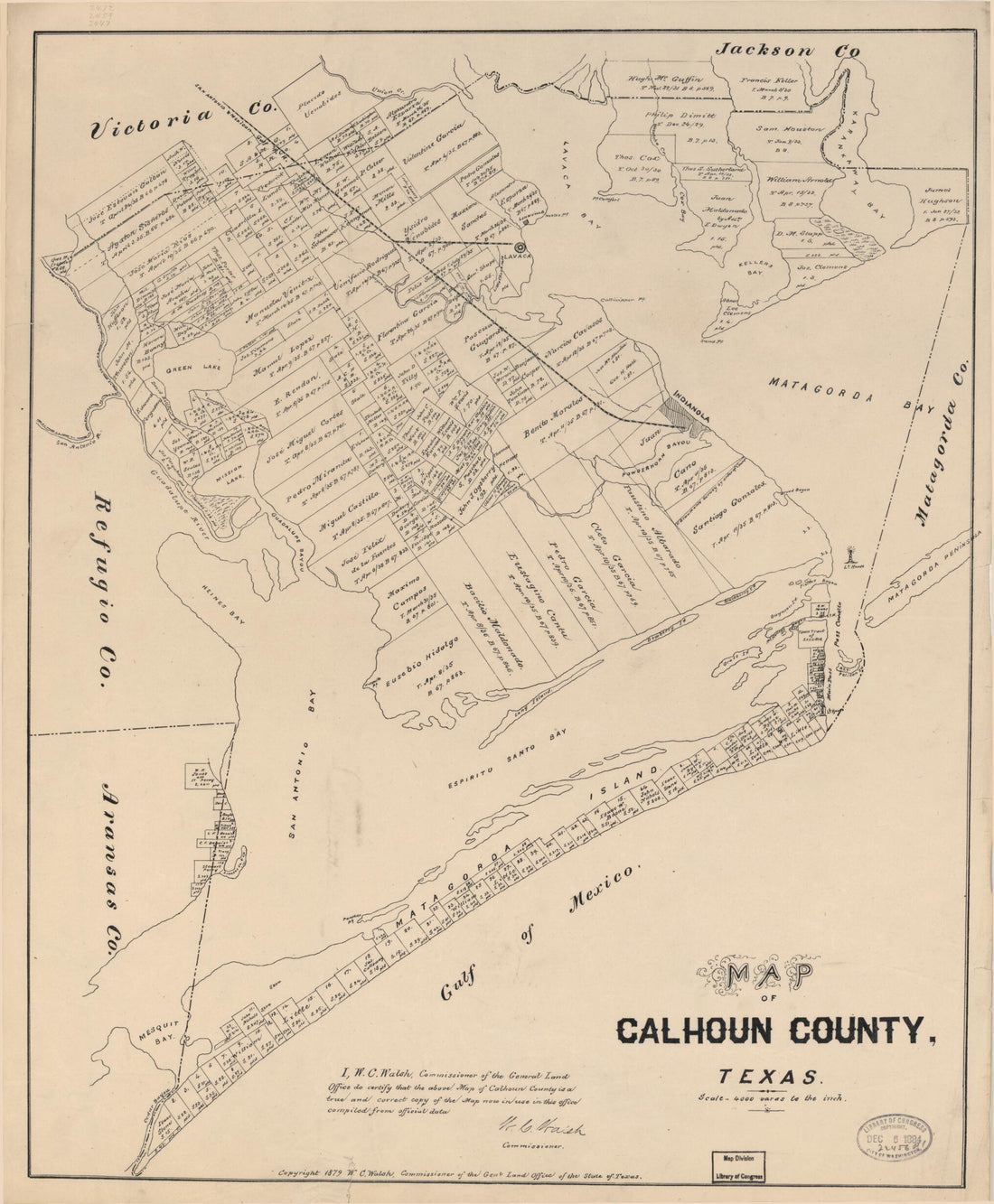 This old map of Map of Calhoun County, Texas from 1879 was created by  Texas. General Land Office, W. C. (William C.) Walsh in 1879