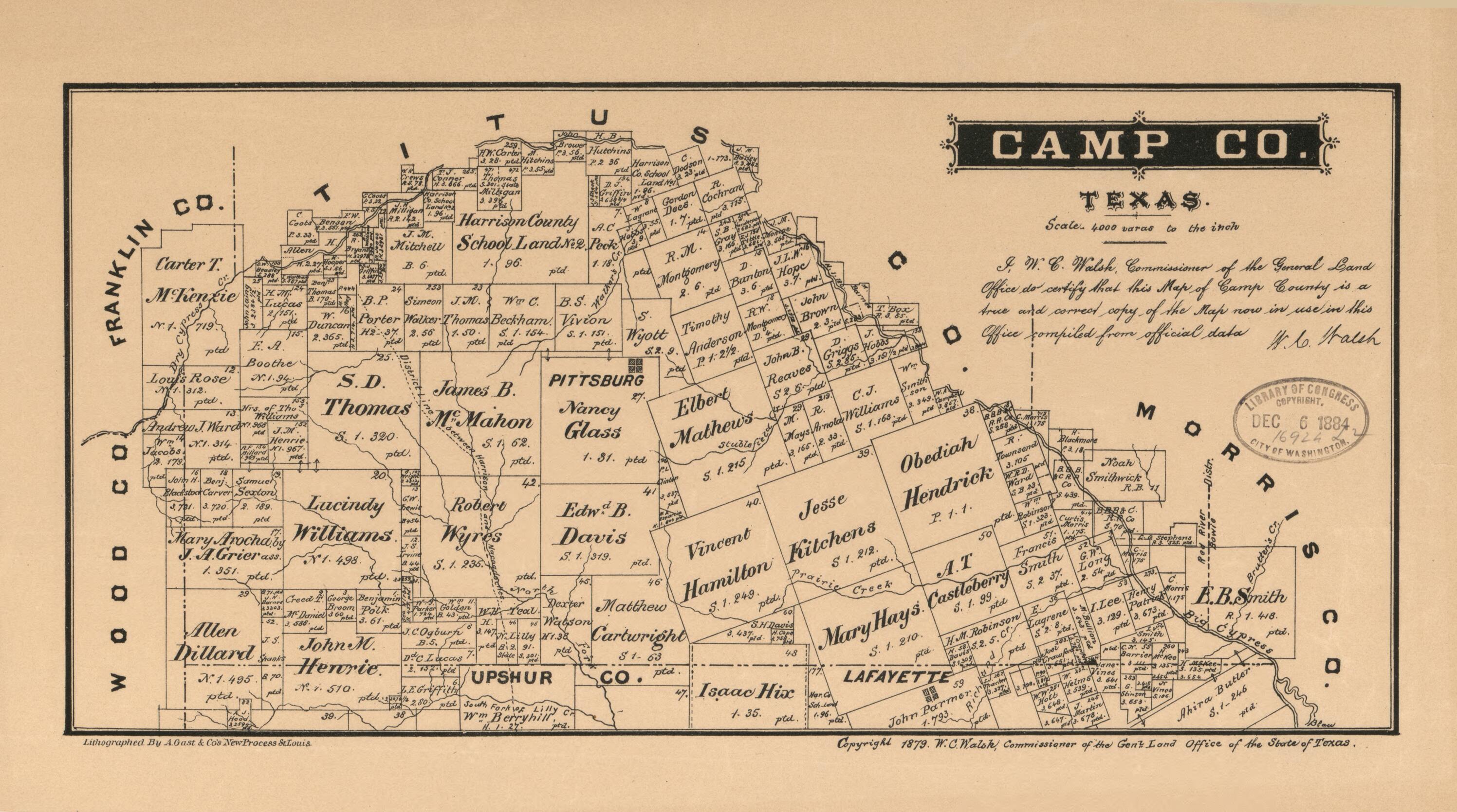 This old map of Camp Co., Texas. (Camp County, Texas) from 1879 was created by  August Gast &amp; Co,  Texas. General Land Office, W. C. (William C.) Walsh in 1879