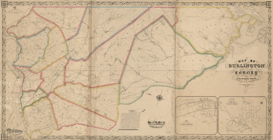 This old map of Map of Burlington County from 1849 was created by Gustavus Kramm, J. W. Otley,  Smith &amp; Wistar, R. Whiteford, Geo. (George) Worley in 1849