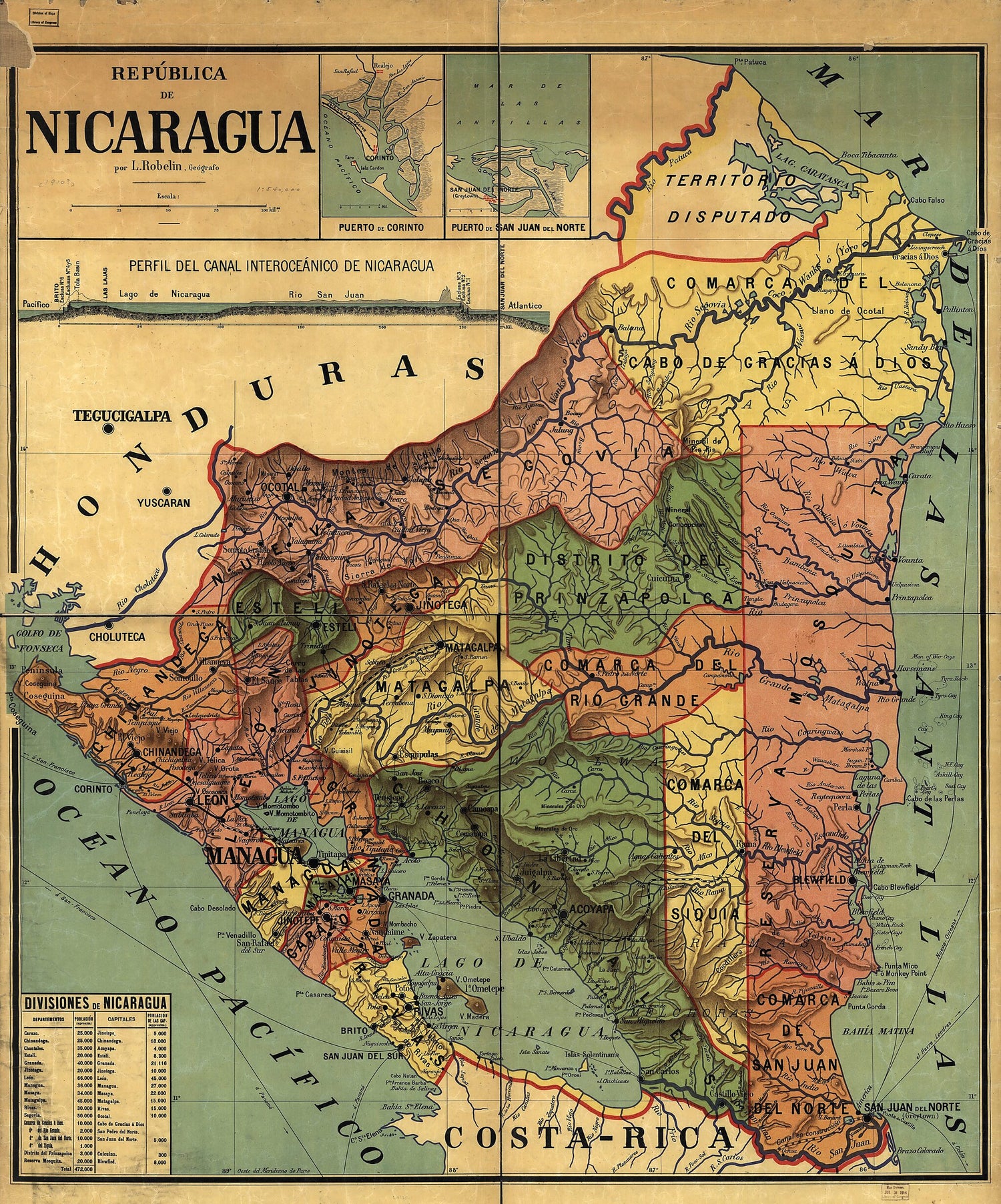 This old map of República De Nicaragua from 1913 was created by L. Robelin in 1913
