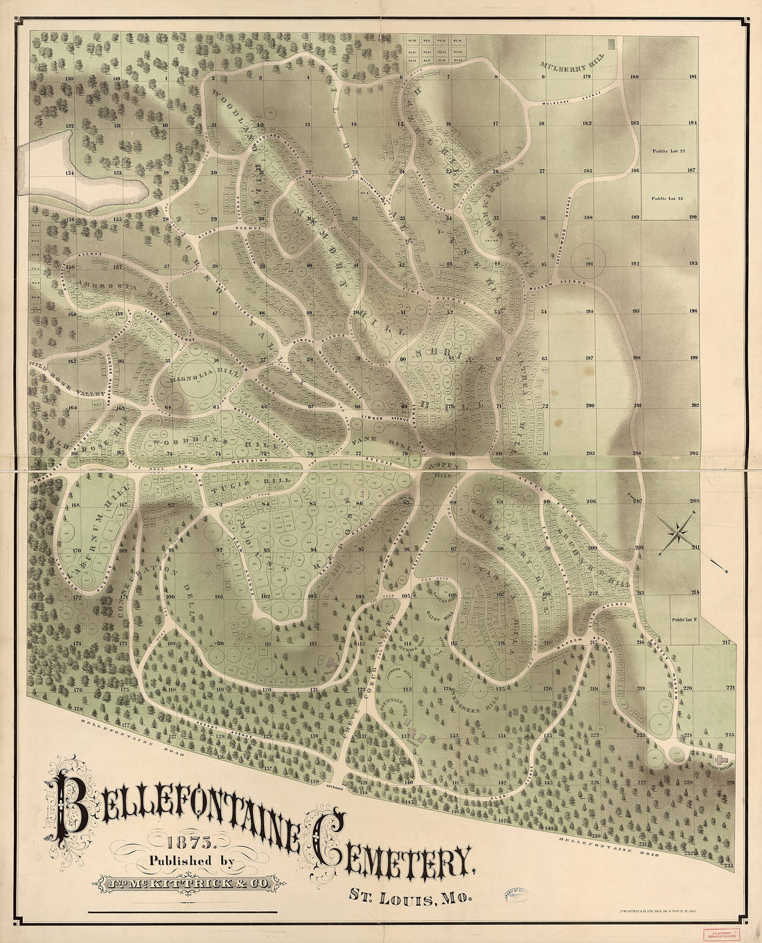 This old map of Bellefontaine Cemetery, St. Louis, Mo. (Bellefontaine Cemetery, Saint Louis, Missouri) from 1875 was created by  Jno. McKittrick &amp; Co in 1875