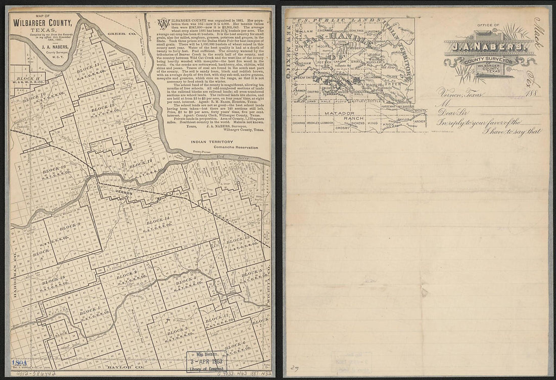 This old map of Map of Wilbarger County, Texas from 1887 was created by J. A. Nabers in 1887