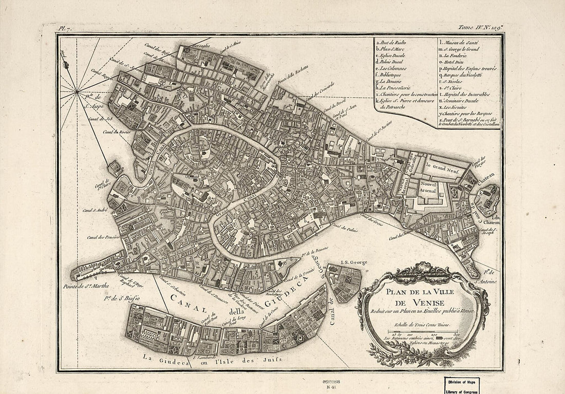This old map of Plan De La Ville De Venise : Reduit Sur Un Plan En 20. Feuilles Publié à Venise from 1764 was created by Jacques Nicolas Bellin in 1764
