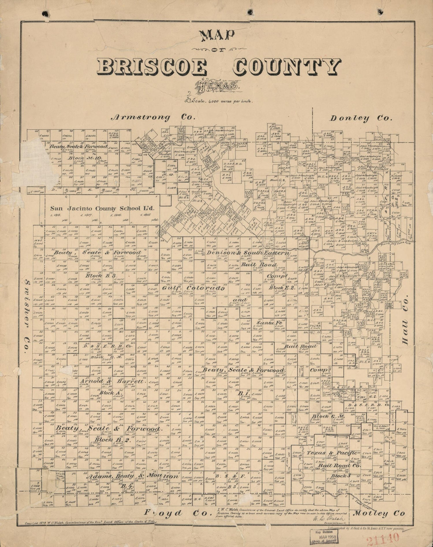 This old map of Map of Briscoe County, Texas from 1879 was created by  August Gast &amp; Co,  Texas. General Land Office, W. C. (William C.) Walsh in 1879