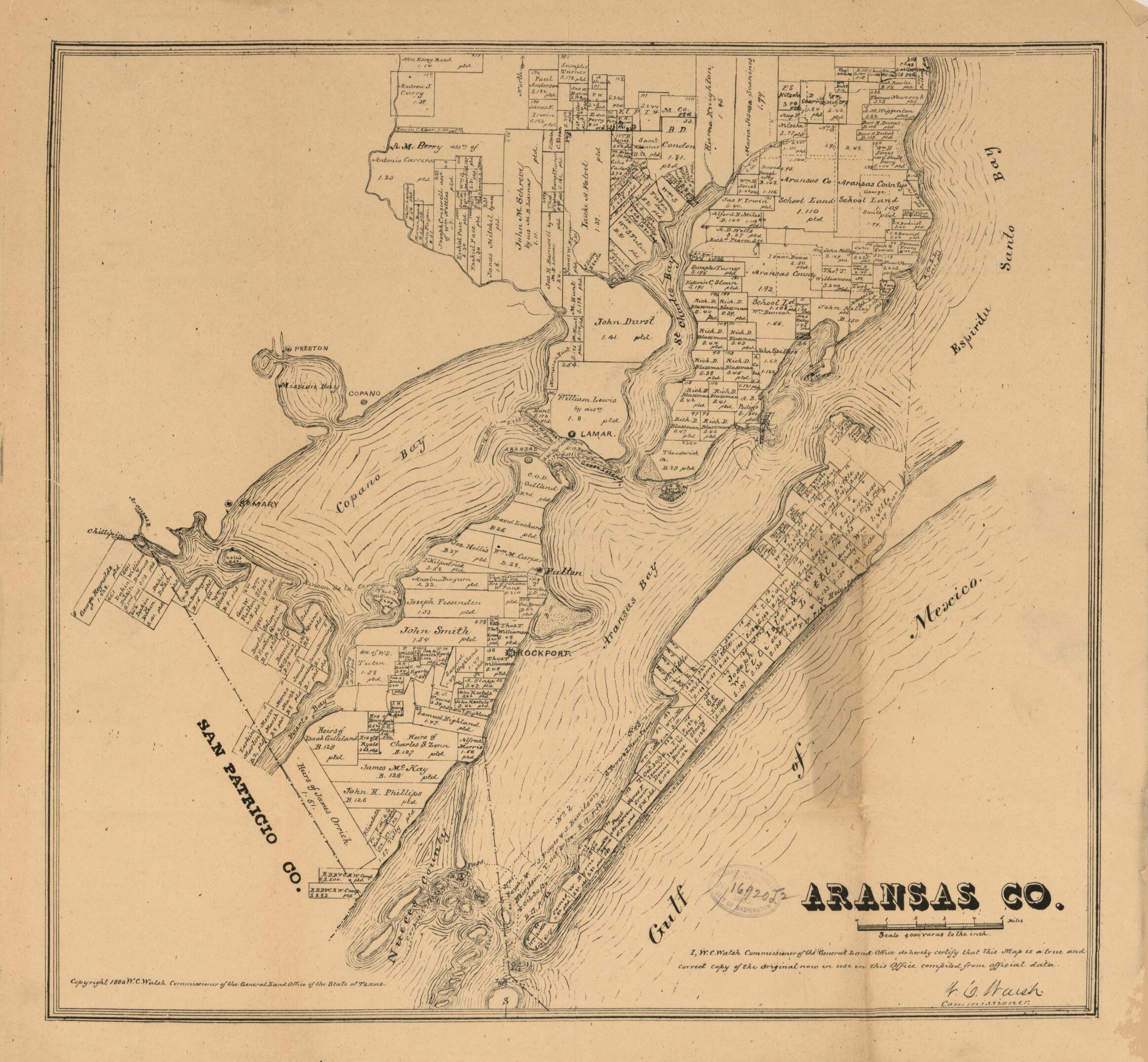 This old map of Aransas Co. (Aransas County) from 1880 was created by  Texas. General Land Office, W. C. (William C.) Walsh in 1880