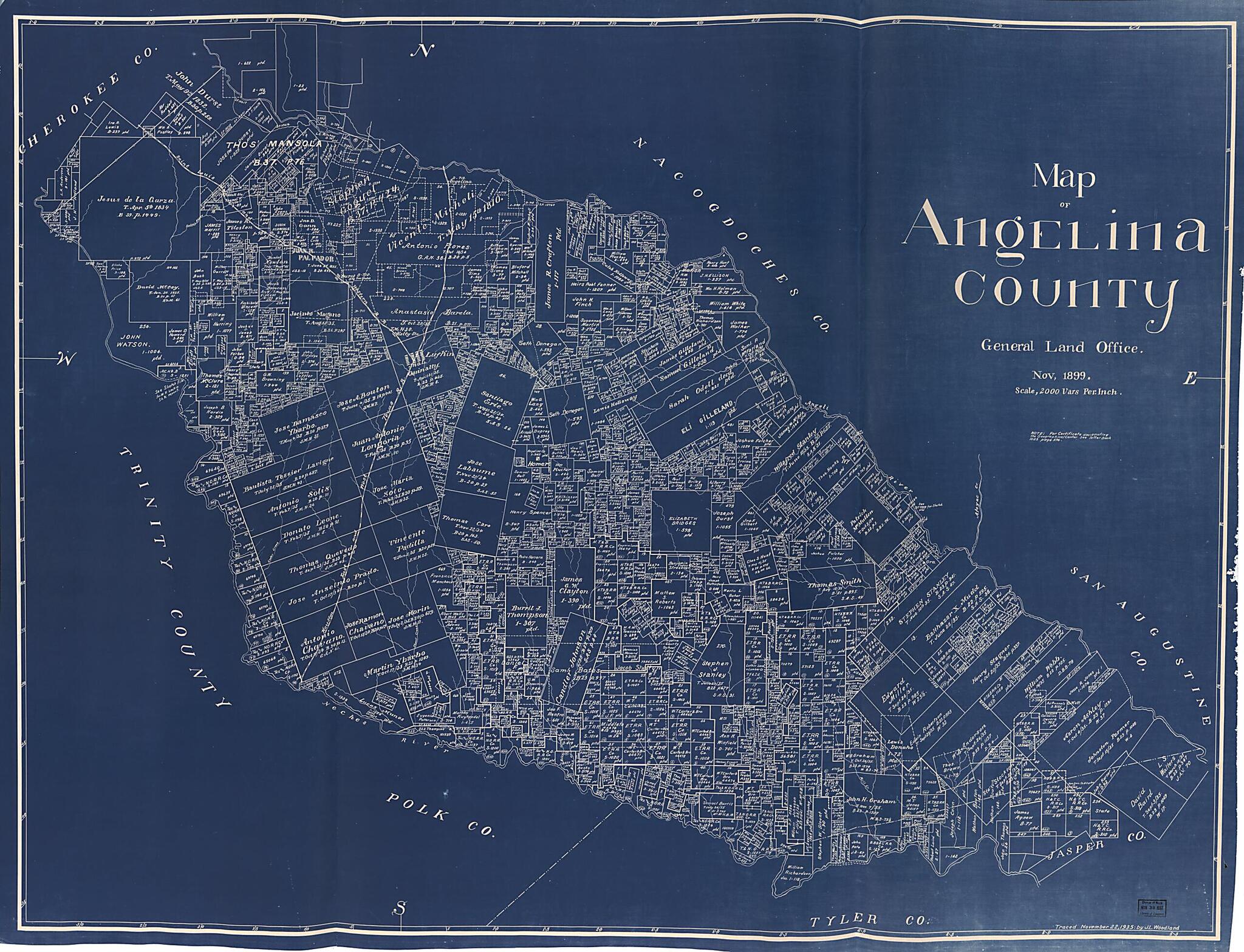 This old map of Map of Angelina County from 1899 was created by  Texas. General Land Office in 1899