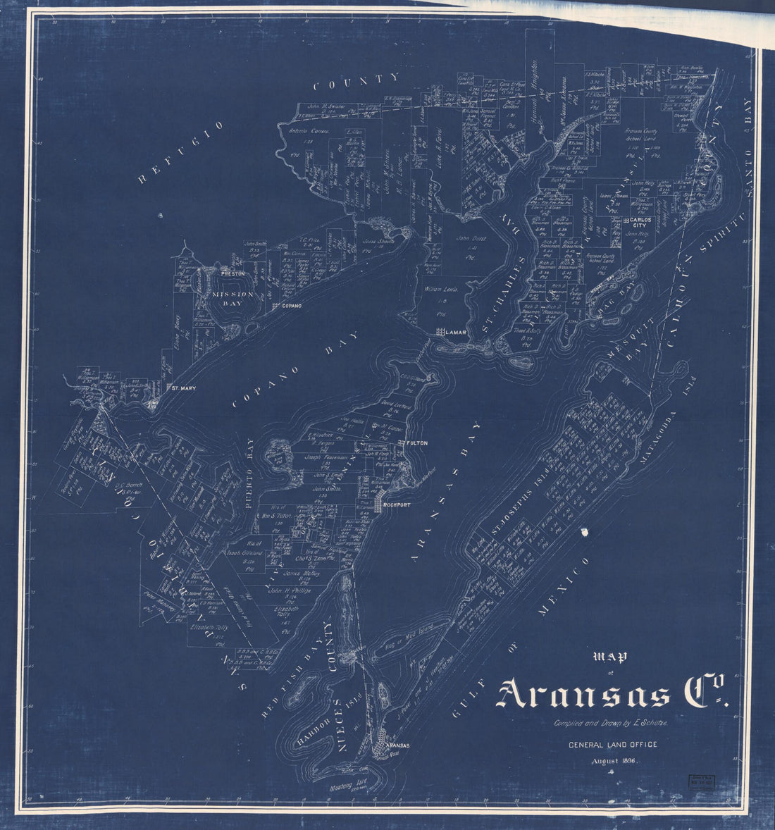 This old map of Map of Aransas Co. (Map of Aransas County, Texas) from 1896 was created by E. Schütze,  Texas. General Land Office in 1896