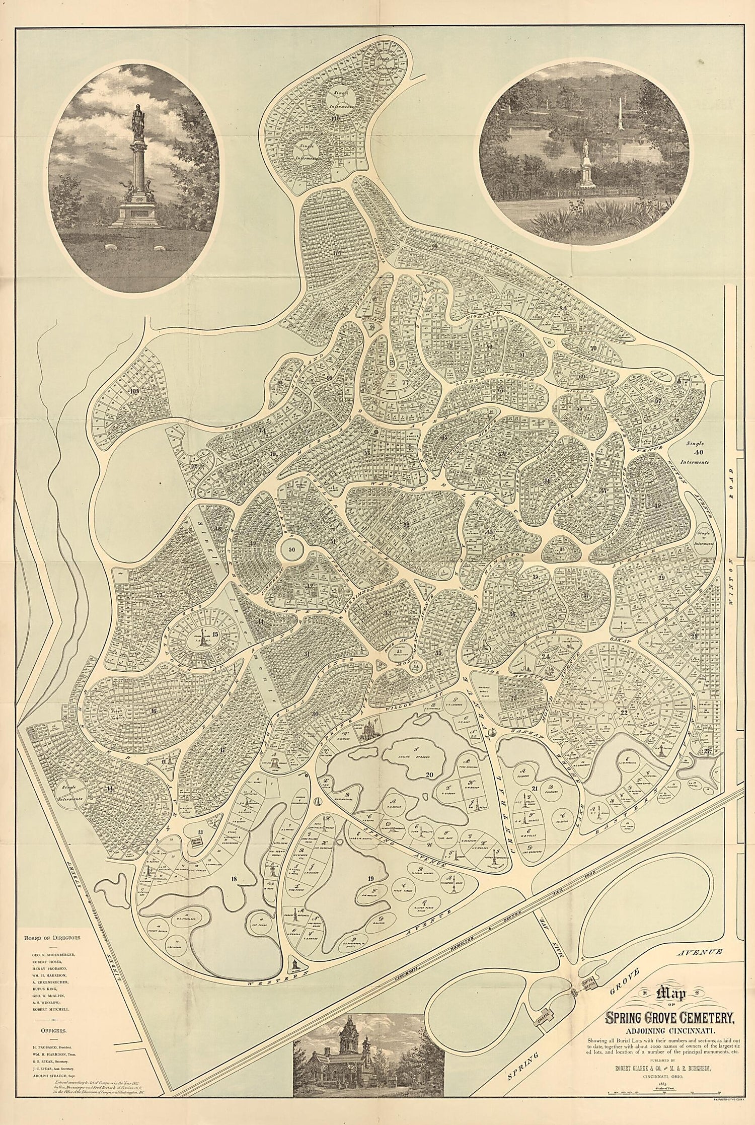 This old map of Map of Spring Grove Cemetery, Adjoining Cincinnati : Showing All Burial Lots With Their Numbers and Sections, As Laid Out to Date, Together With About 2000 Names of Owners of the Largest Sized Lots, and Location of a Number of the Princip