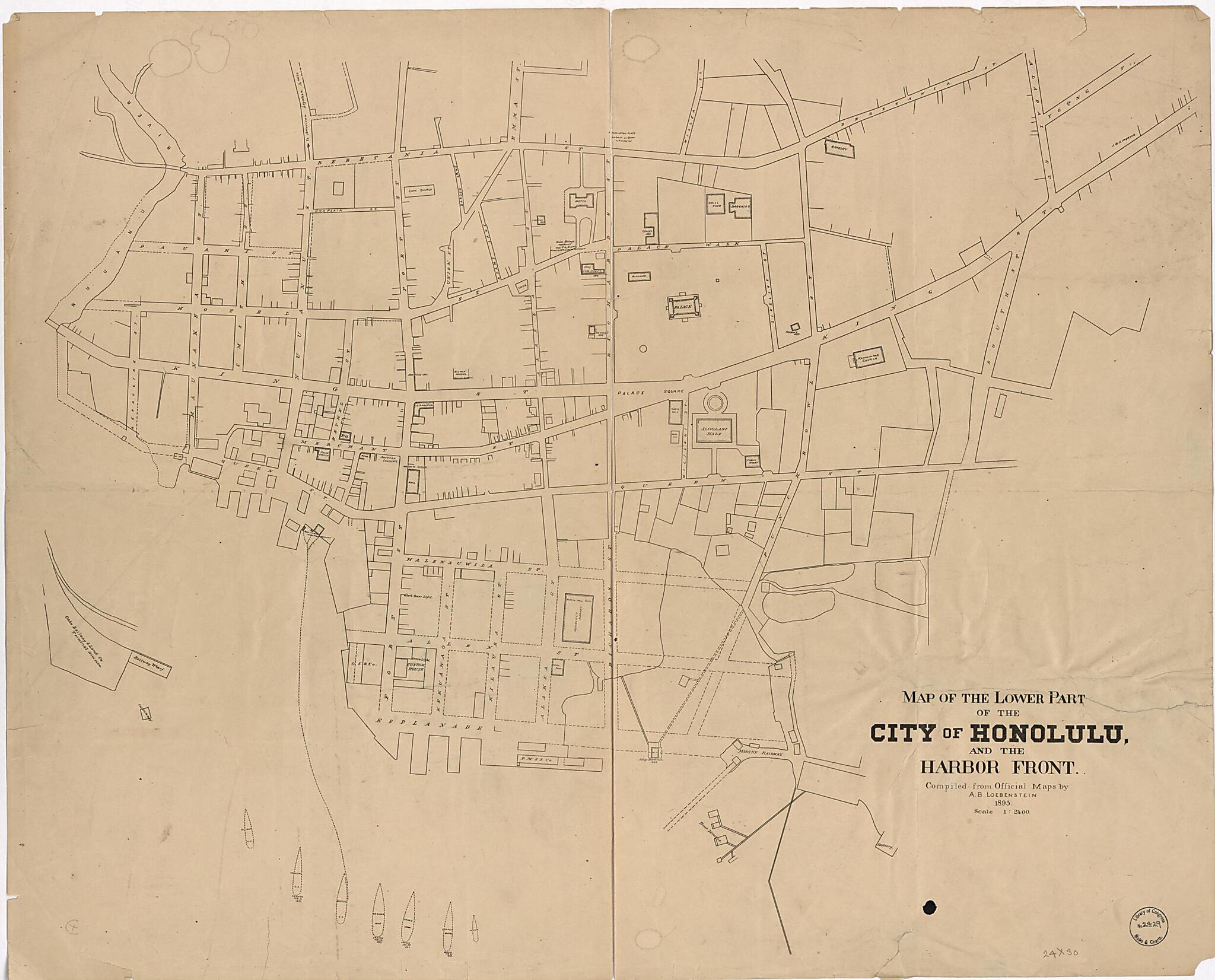 This old map of Map of the Lower Part of the City of Honolulu and the Harbor Front from 1893 was created by A. B. Loebenstein in 1893