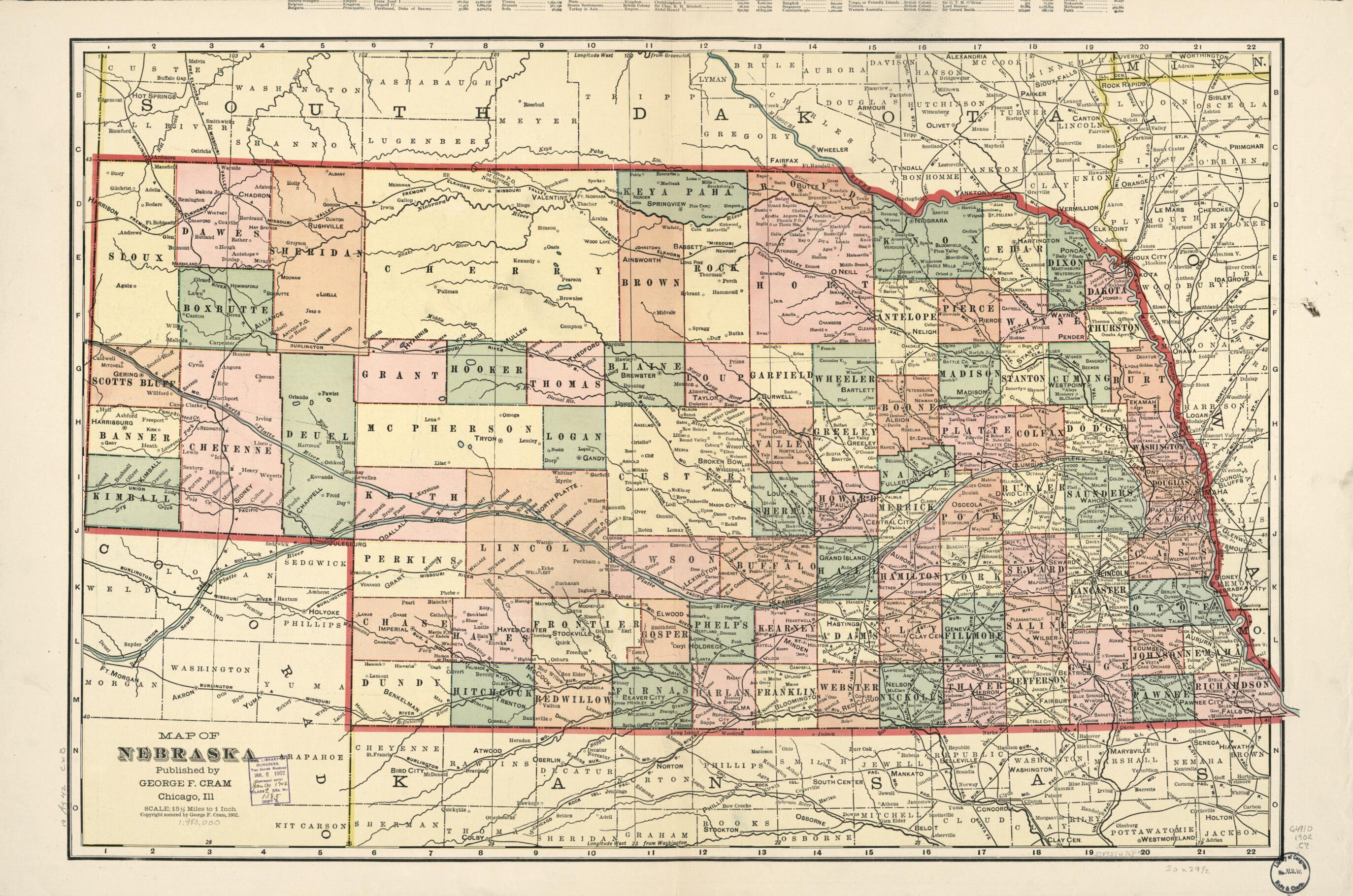 This old map of Map of Nebraska : United States : Population, 76,303,387 from 1902 was created by George Franklin Cram in 1902
