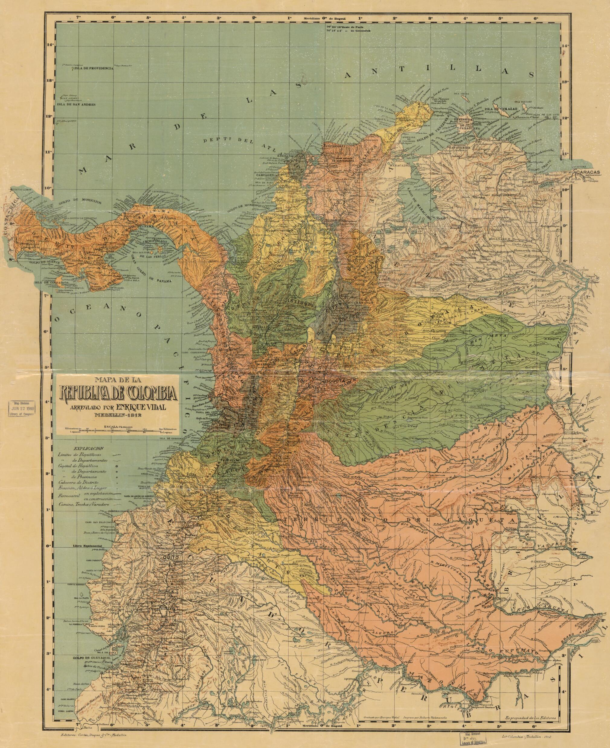 This old map of Mapa De La Republica De Colombia from 1912 was created by Enrique Vidal in 1912